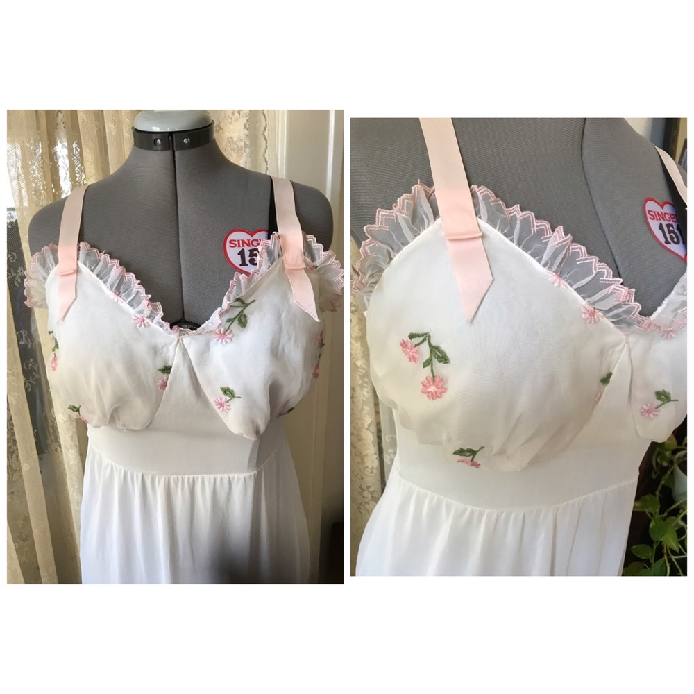 50s white slip with embroid pink flowers on cups